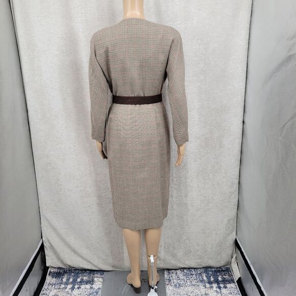 Talbots Vintage Houndstooth Plaid Elegant Brown Belted Button Front Dress - Picture 9 of 15